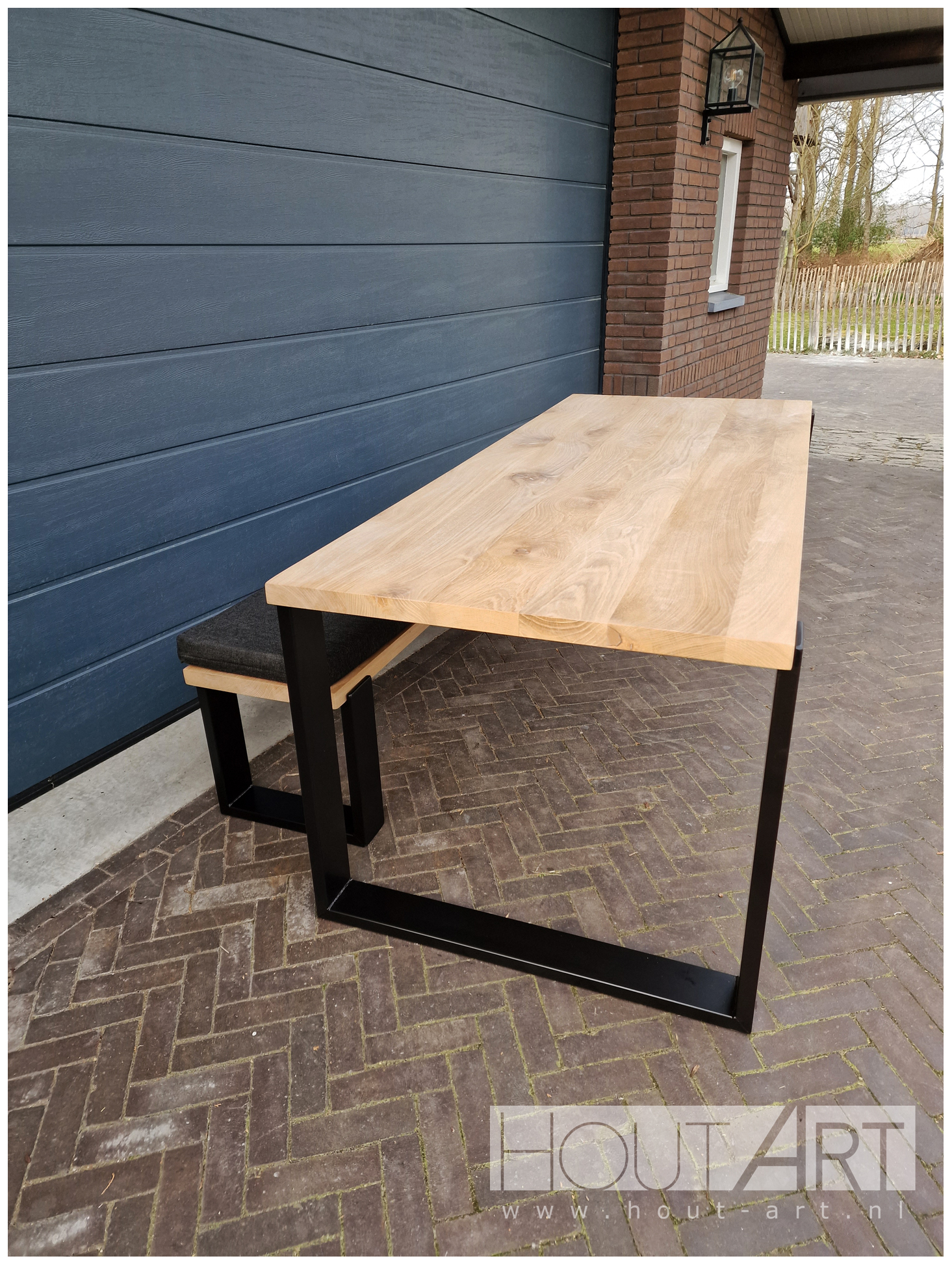 Bank u-poot inliggend staal met massief eiken van Hout-Art.