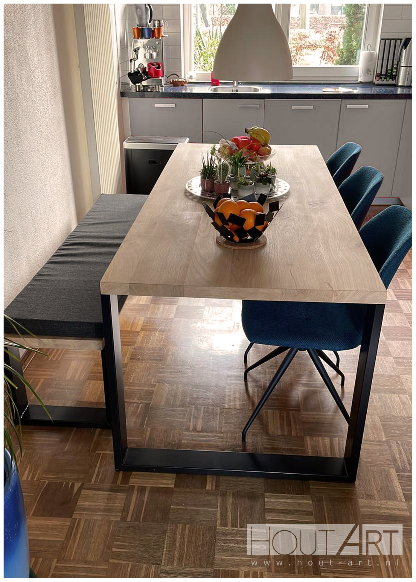 Bank u-poot staal met massief eiken van Hout-Art.