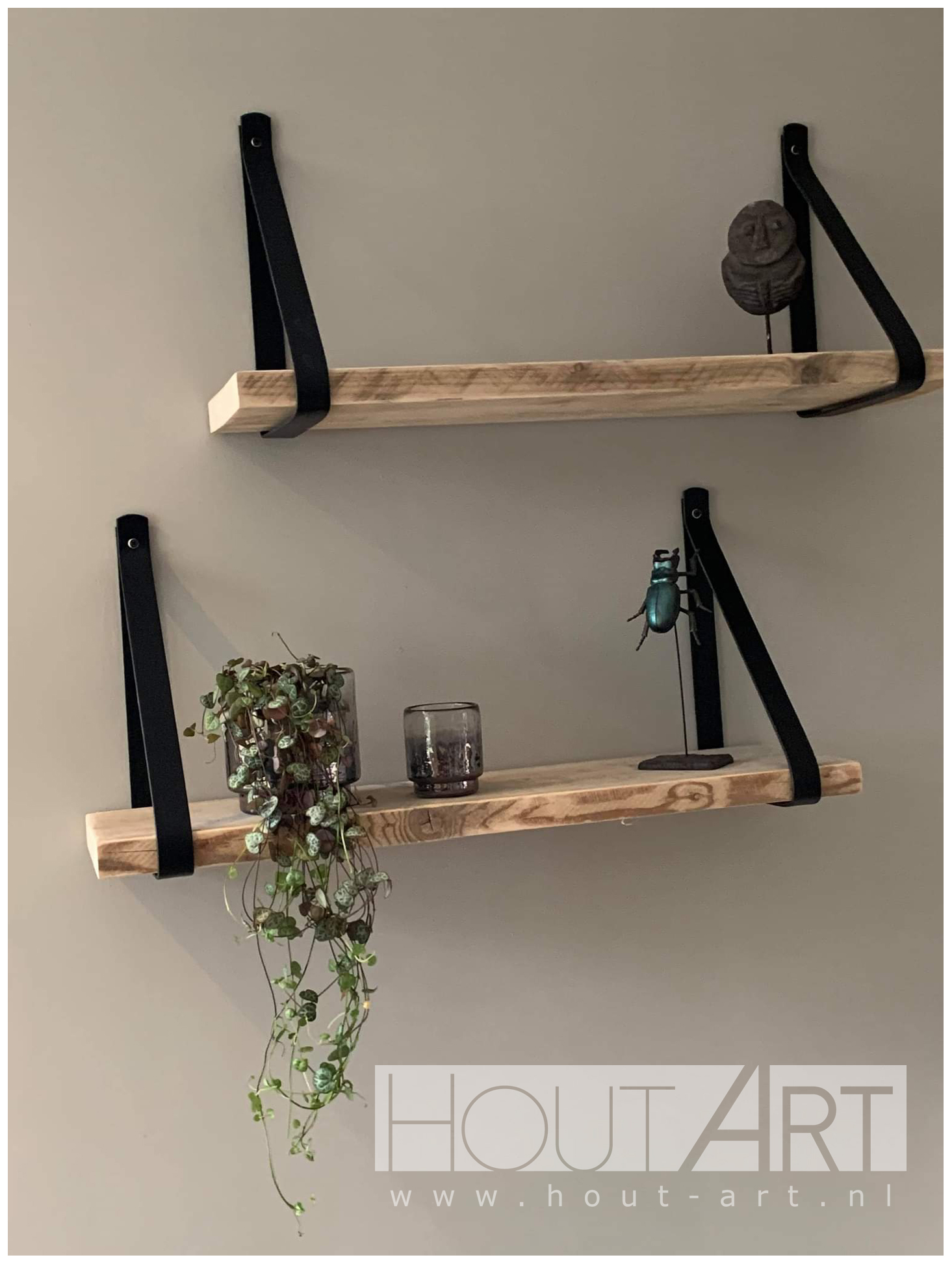 Leren wandplankhouder set zwart voor wandplank van Hout-Art.
