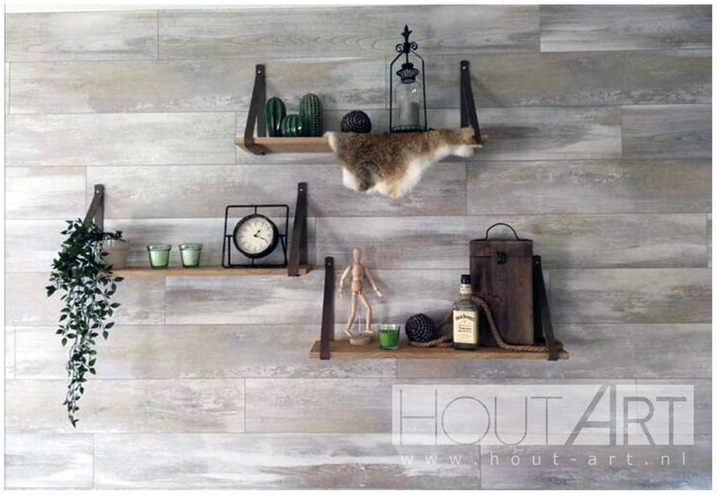 Leren wandplankhouder set bruin gevlamd voor wandplank van Hout-Art.