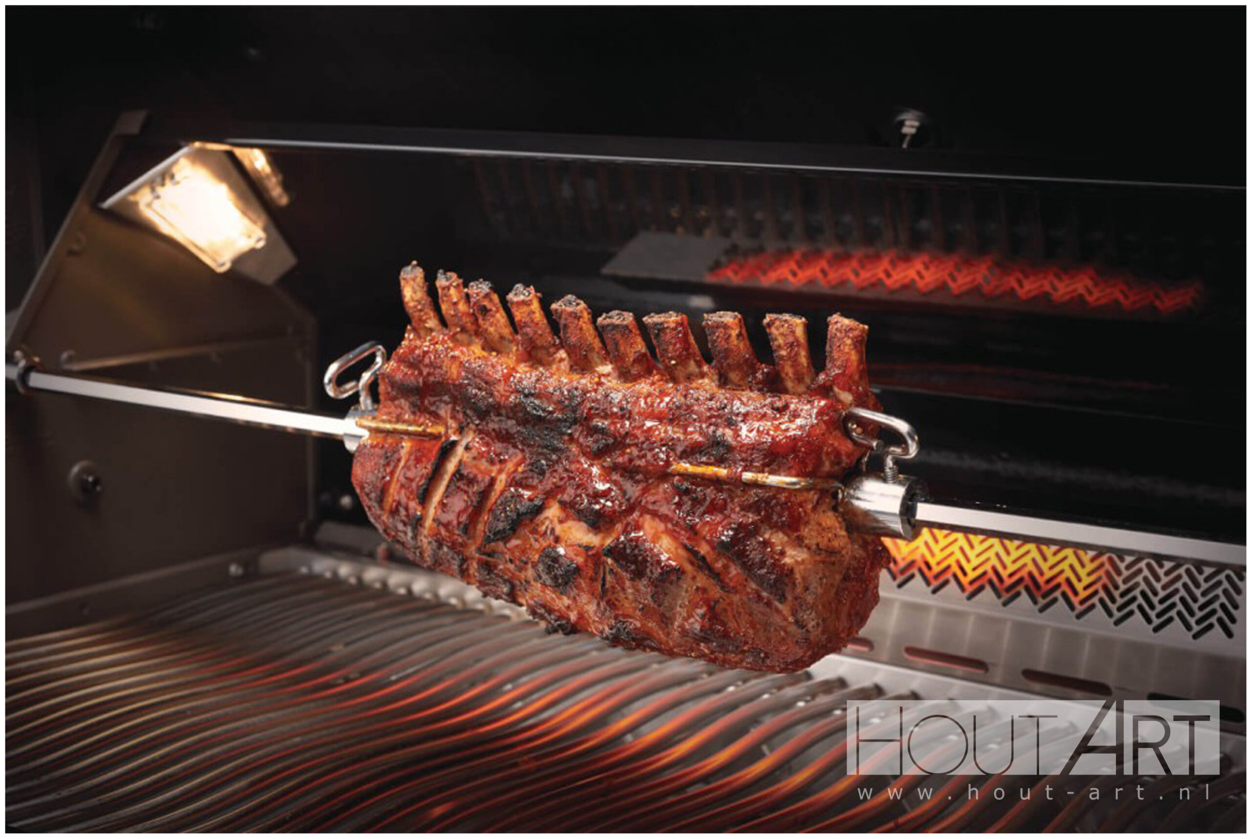 BBQ Napoleon Prestige Pro 665 RVS incl. draaispit van Hout-Art. barbecue, tuin, houtart.