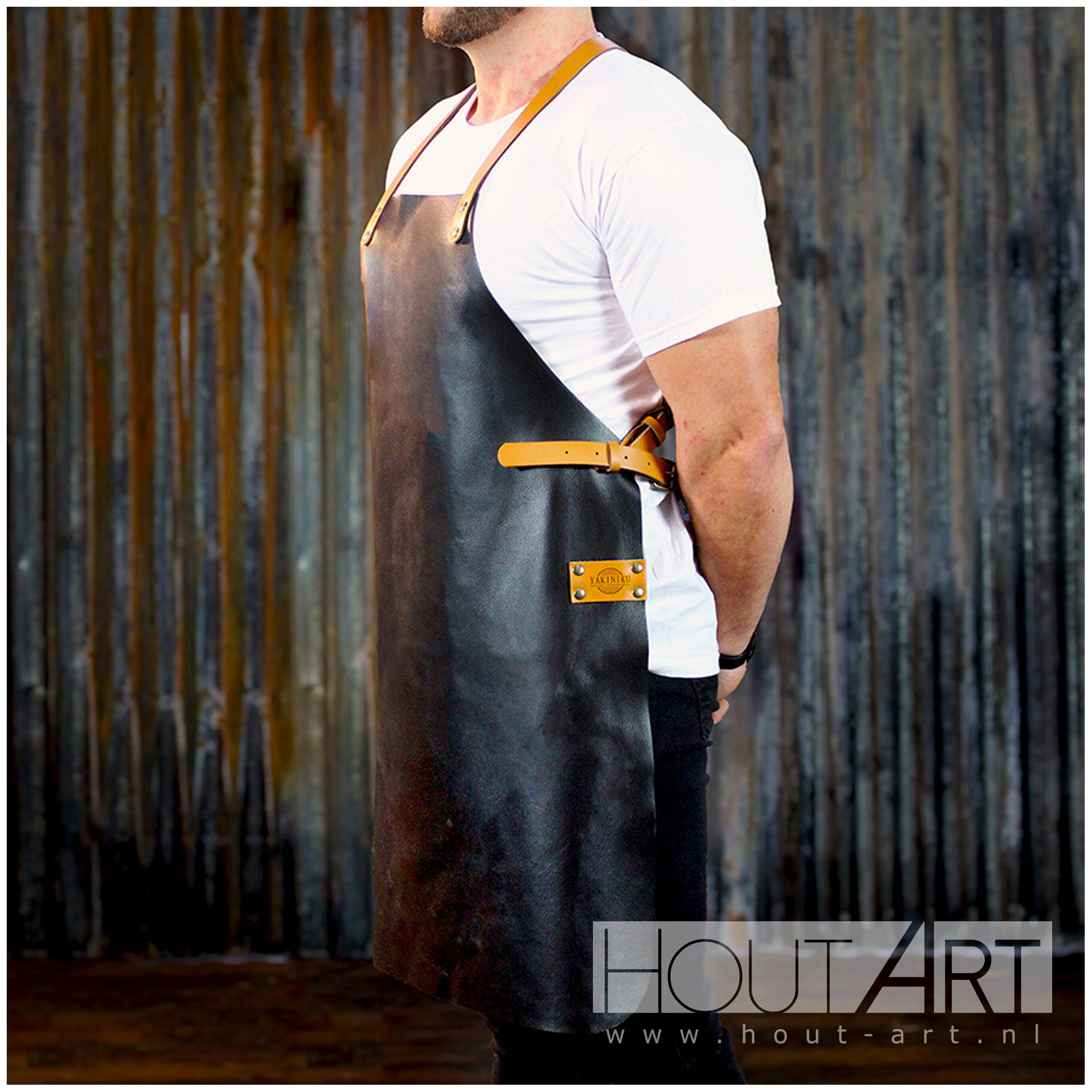 Yakiniku lederen schort van Hout-Art. Leer, BBQ, barbecue, men, schorten.