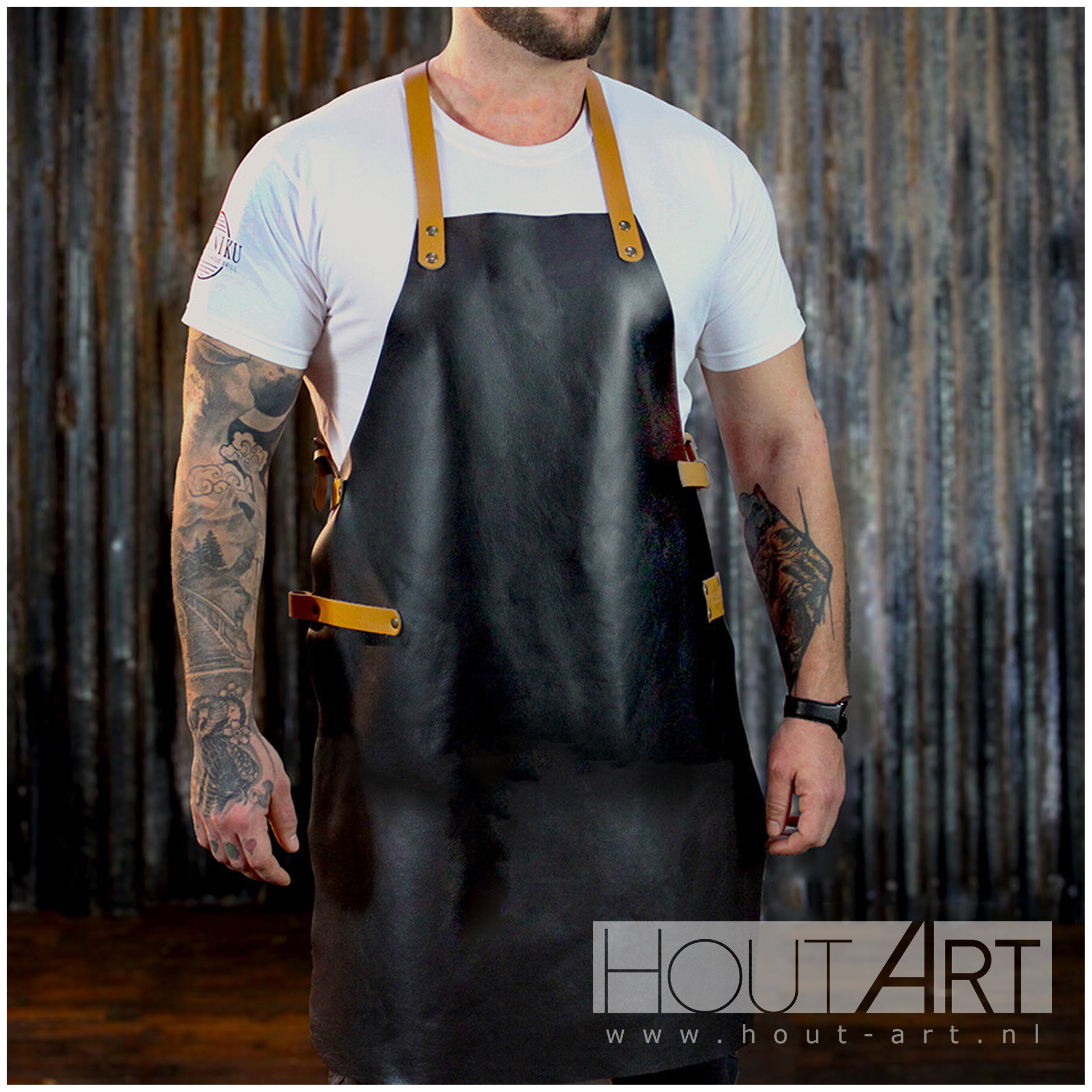 Yakiniku lederen schort van Hout-Art. Leer, BBQ, barbecue, men, schorten.