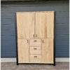 Kast hoog stalen zijframe deuren en lades eiken van Hout-Art, zwarte poedercoating, industrieel, opbergkast.