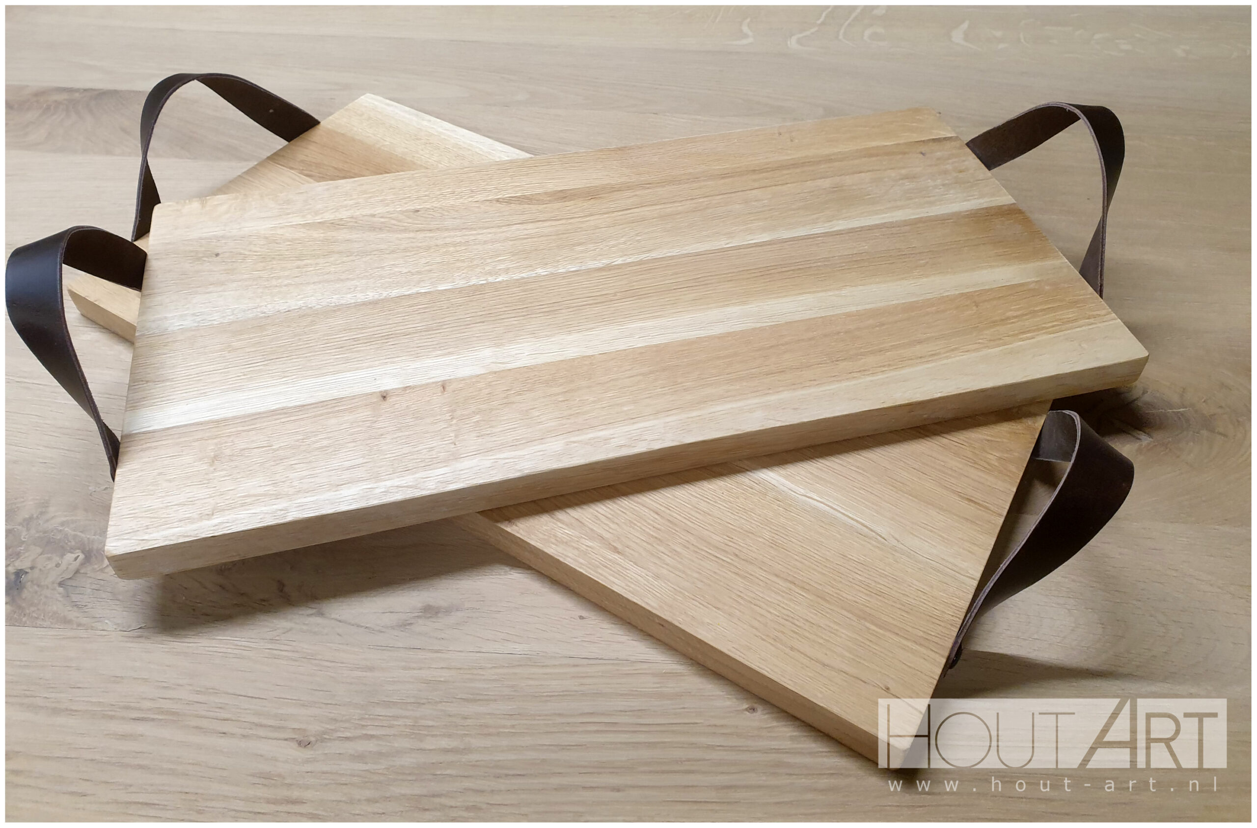 dienblad eiken met leren handvaten, handgrepen van Hout-Art