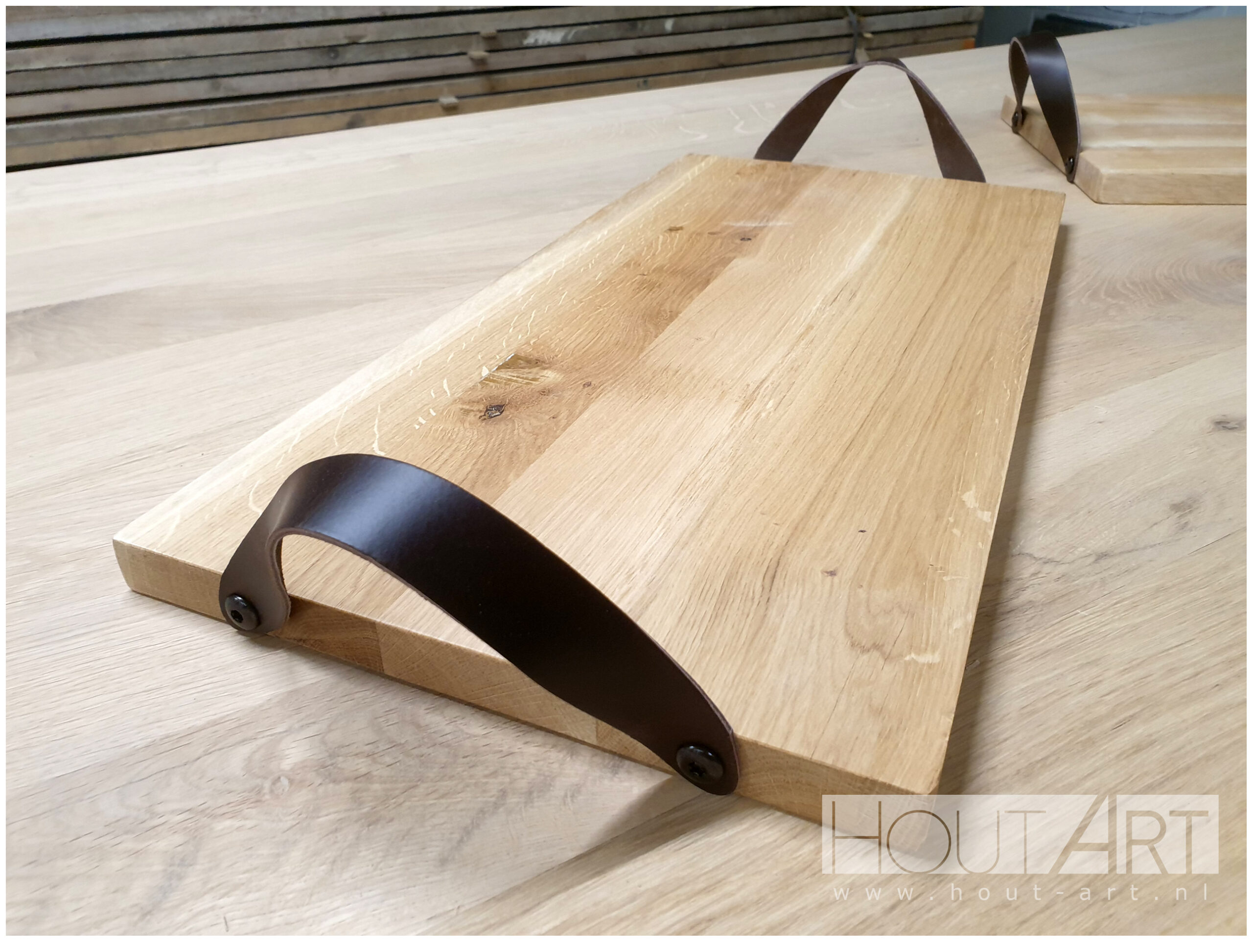 dienblad eiken met leren handvaten, handgrepen van Hout-Art