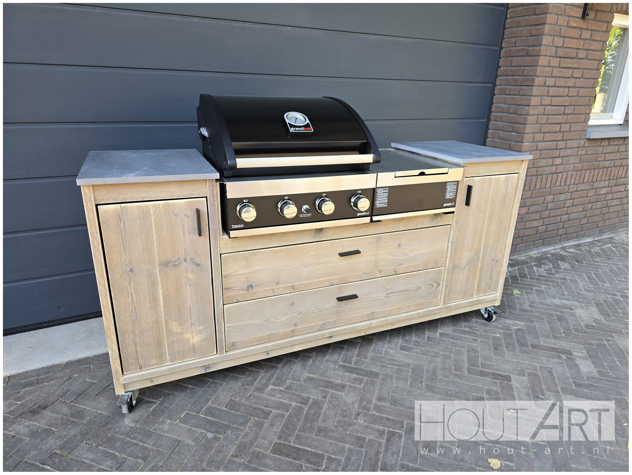 Buitenkeuken luxe Grandhall Premium G3 en G4 steigerhout zijbrander van Hout-Art.