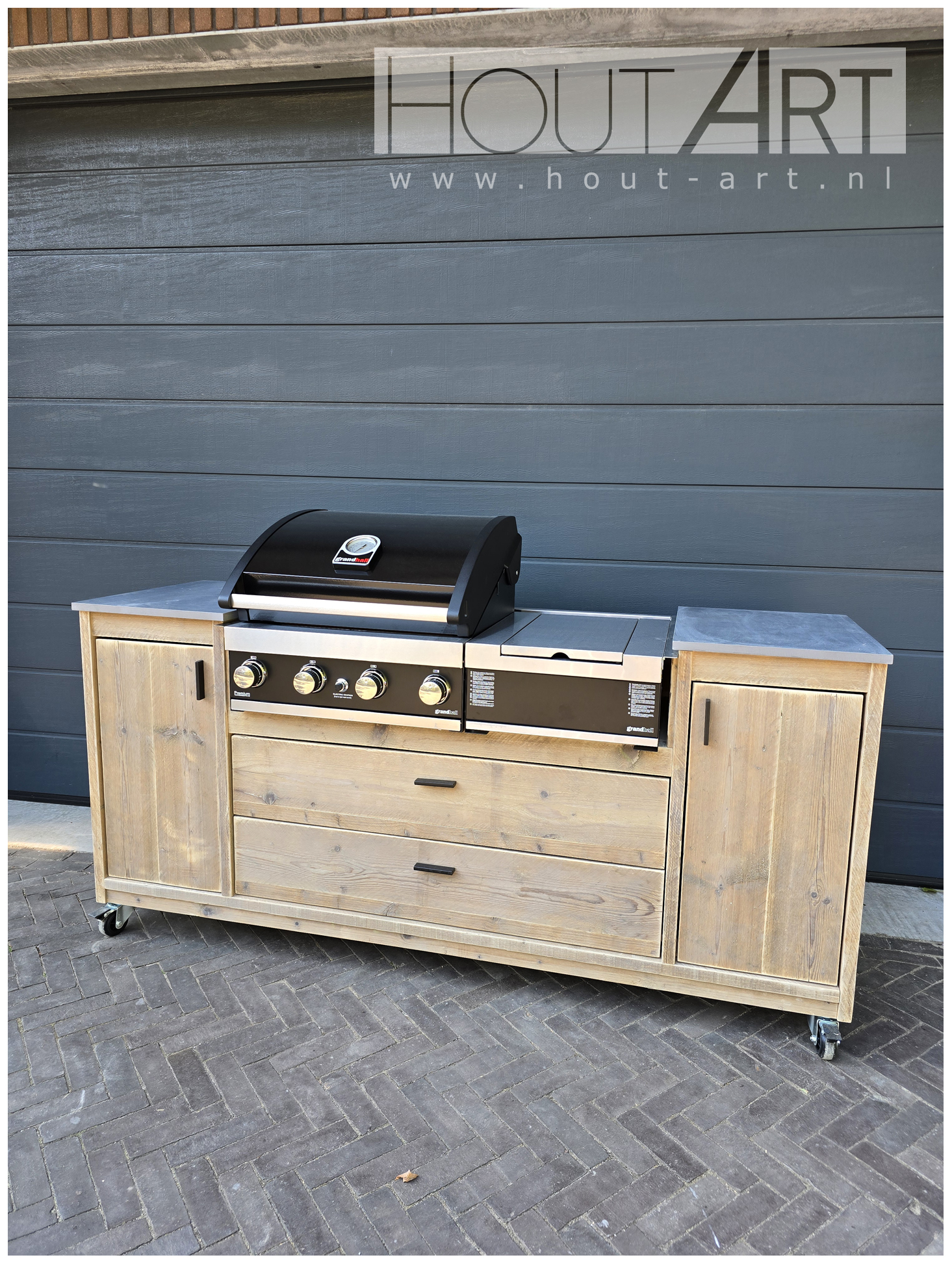 Buitenkeuken luxe Grandhall Premium G3 en G4 steigerhout zijbrander van Hout-Art.