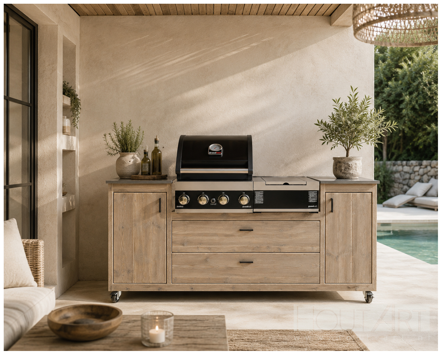 Buitenkeuken luxe Grandhall Premium G3 en G4 steigerhout zijbrander van Hout-Art.