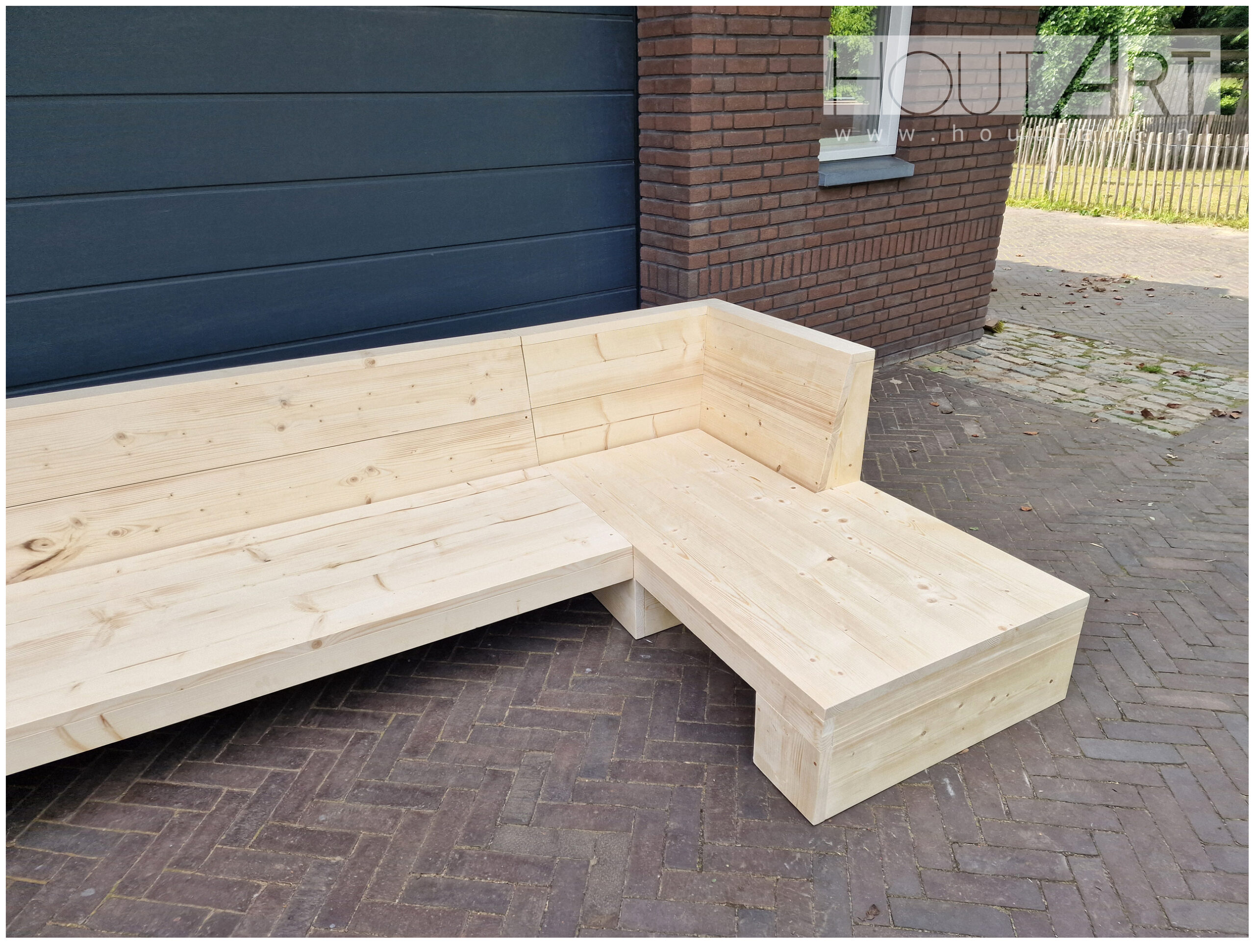 Loungebank steigerhout u-vorm open voorkant met een arm en chaise lounge van Hout-Art.