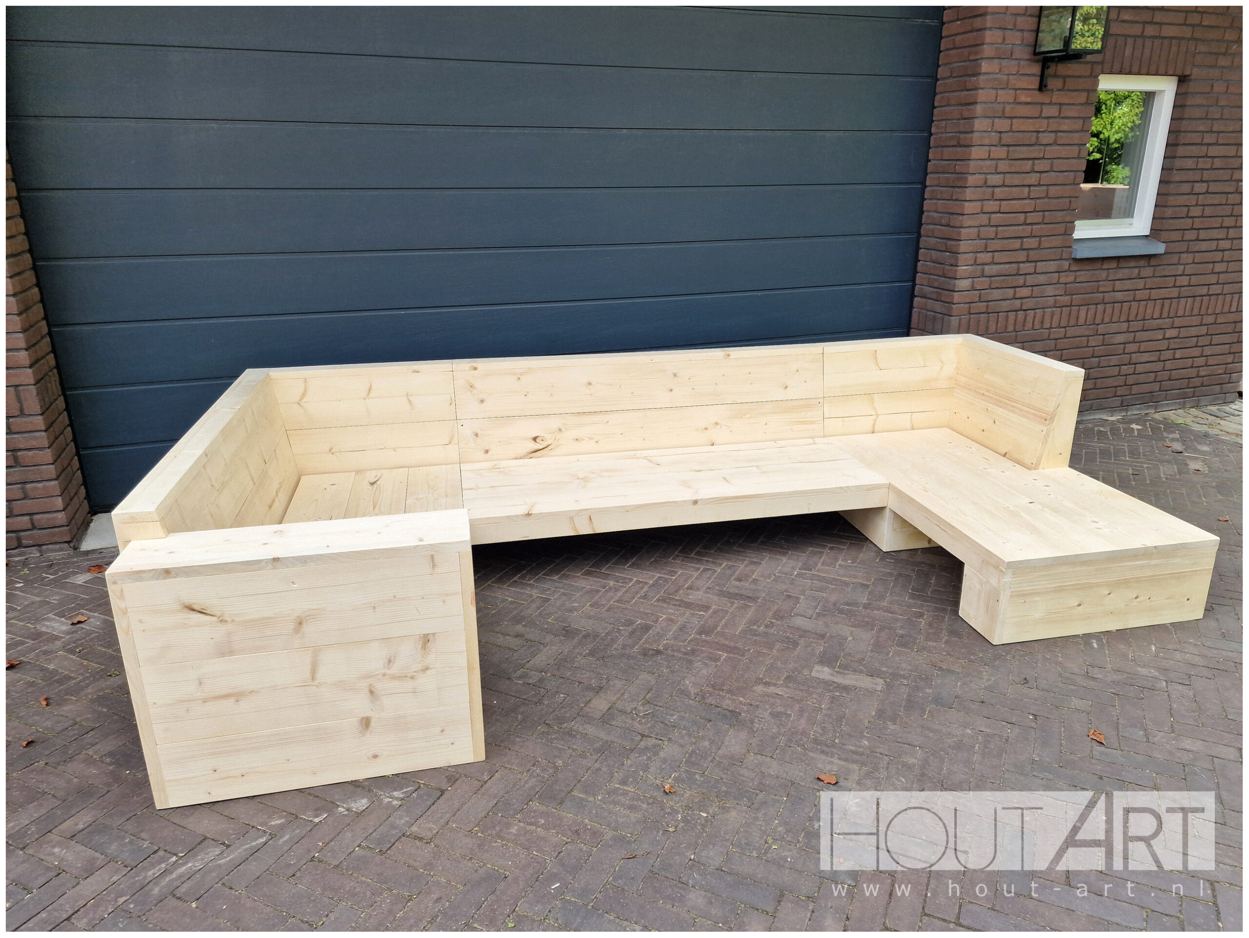 Loungebank steigerhout u-vorm open voorkant met een arm en chaise lounge van Hout-Art.