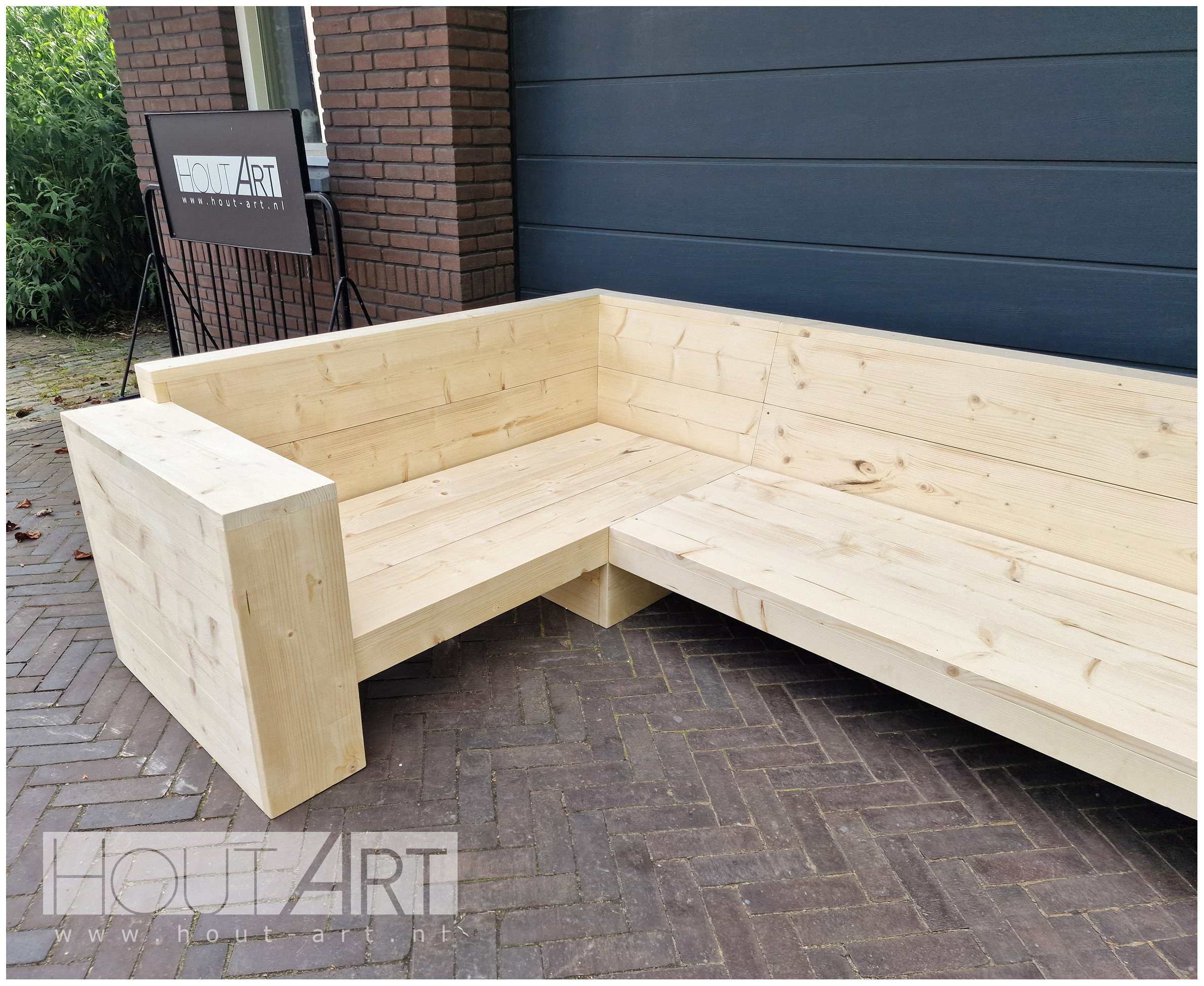 Loungebank steigerhout u-vorm open voorkant met een arm en chaise lounge van Hout-Art.