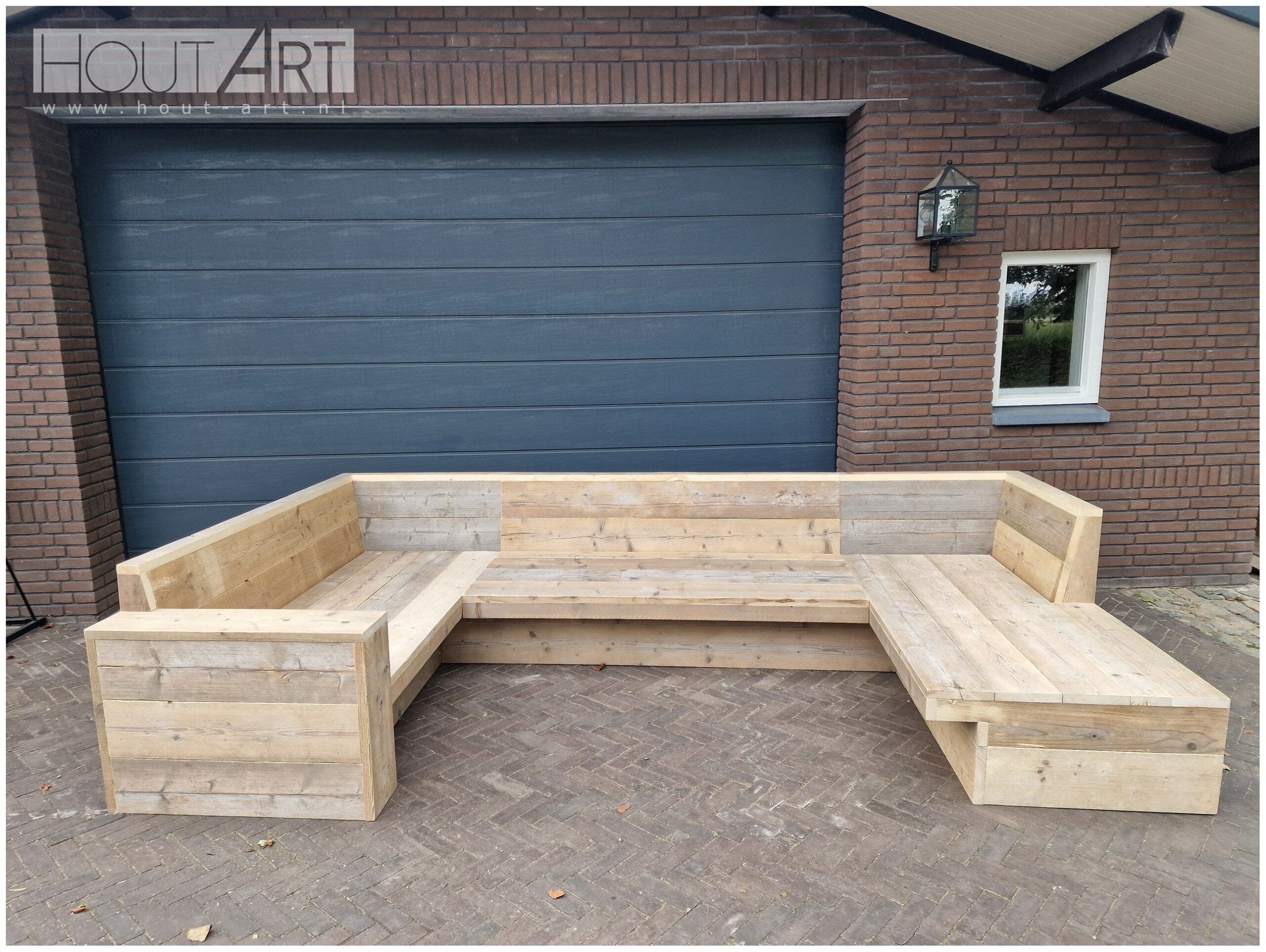 Loungebank u-vorm loungeset steigerhout terugliggende voorkant een armleuning en chaise lounge van Hout-Art.