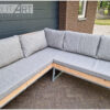 Loungebank hoekbank l-vorm doorlopende rug douglas balken verzinkt stalen frame van Hout-Art.