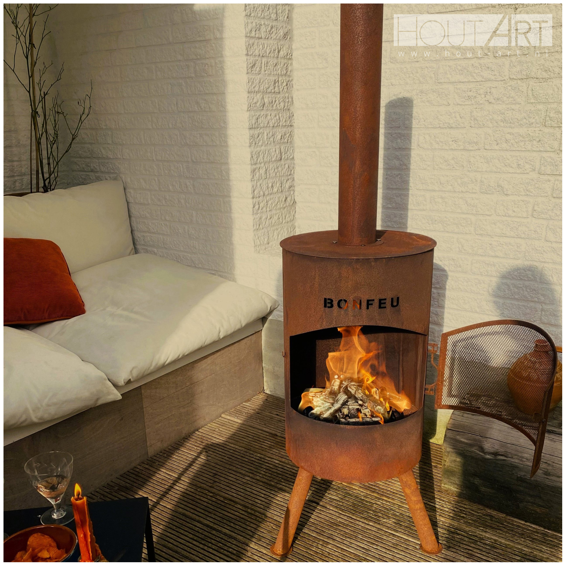 Bonfeu sfeerhaard tuinhaard corten vuur terrasverwarmer terrasverwarming van Hout-Art